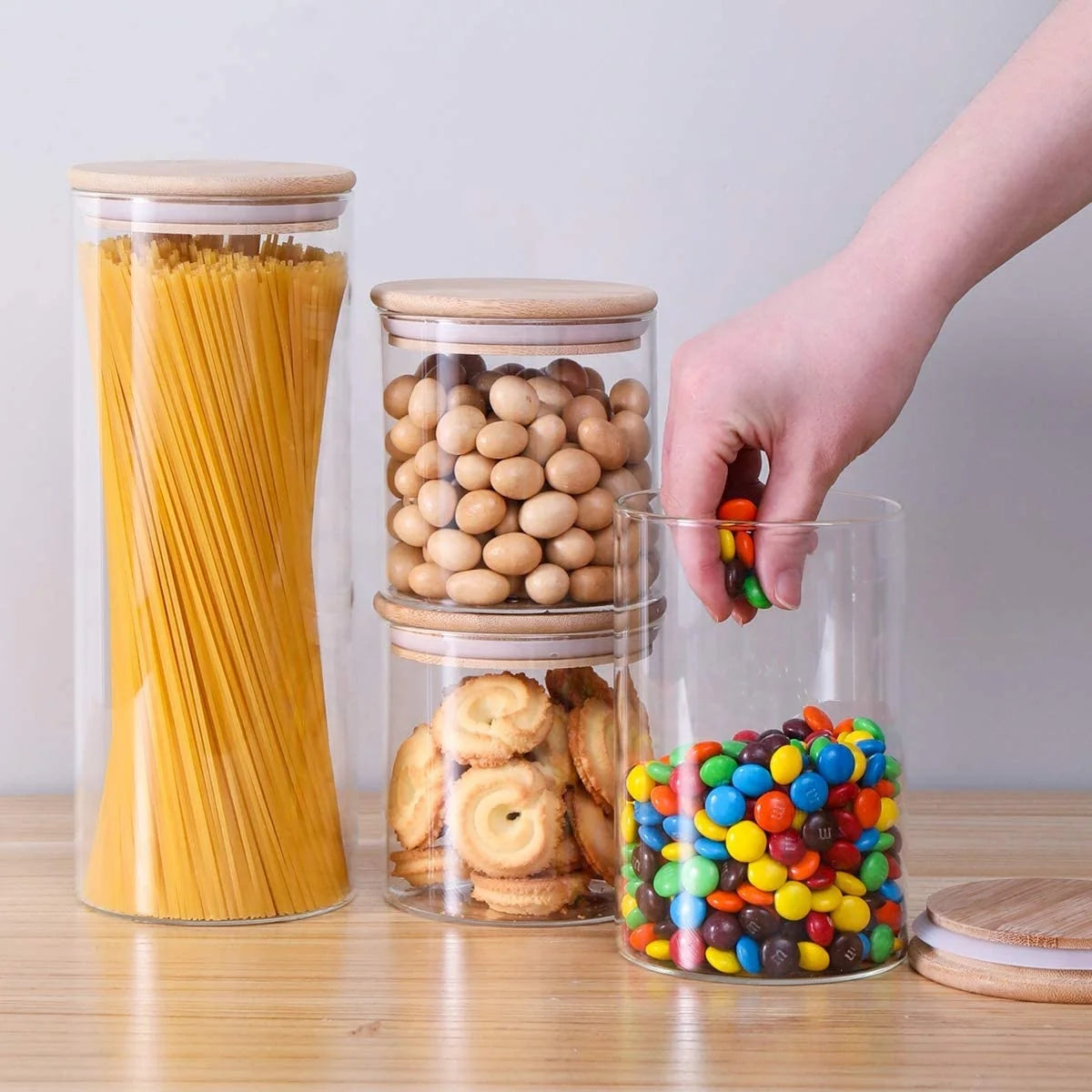 Glass Storage Jars with Sealed Bamboo LidsClear Glass Bulk Food Storage Canister for Serving Tea Coffee Spice Candy Cookie