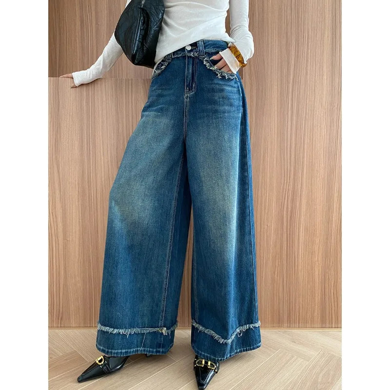Boutique Wholesale 2026 Autumn New Fashionable Design Straight Tube High Waist Wide Leg Women's Jeans
