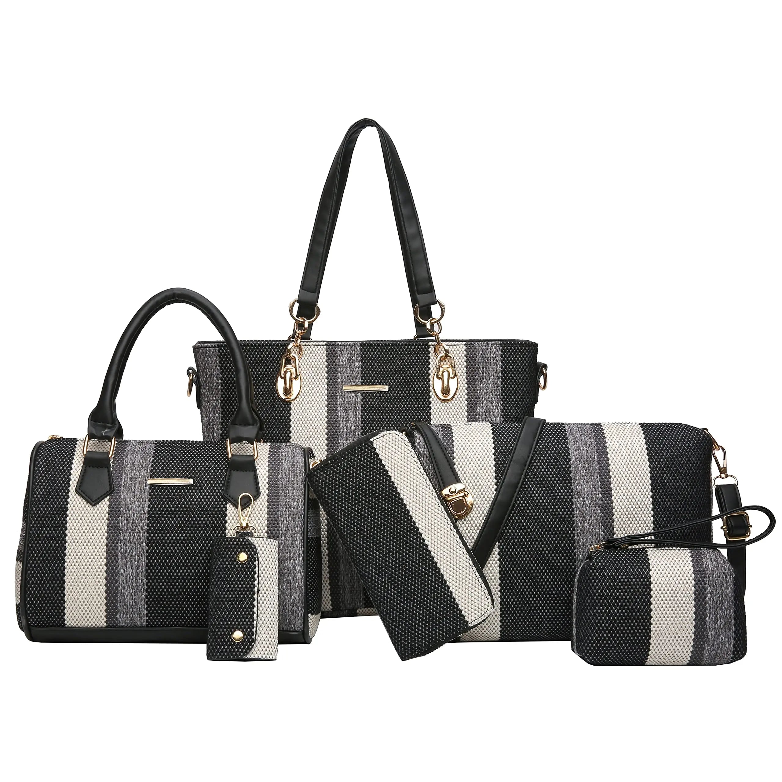 6 Pieces Every Day Aesthetic Adorable Zip up Tartan Plaid Canvas Tote Bag Purse Set with Pockets