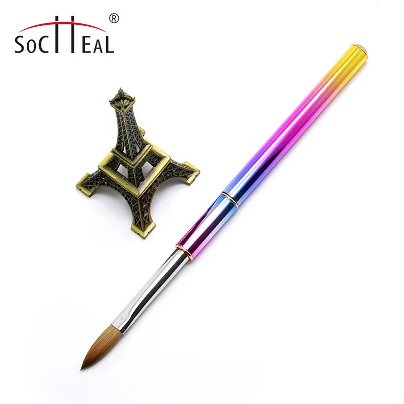 Socheal Pink Blue Gold Ombre Metal Handle #2-#20 Flat Type Kolinsky Acrylic Nail Brush for Nail Application