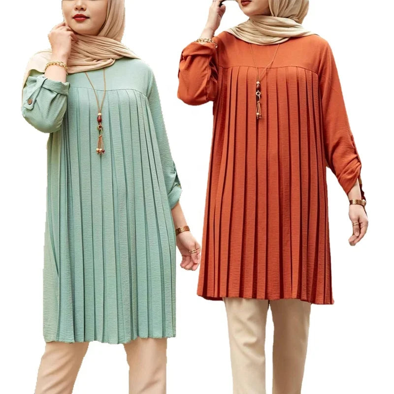 Modest Muslim Long Blouses Pleated Islamic Tunic Abaya Dubai Tops Moroccan Thobe Plus Size Shirt Dress Kawaii Clothes