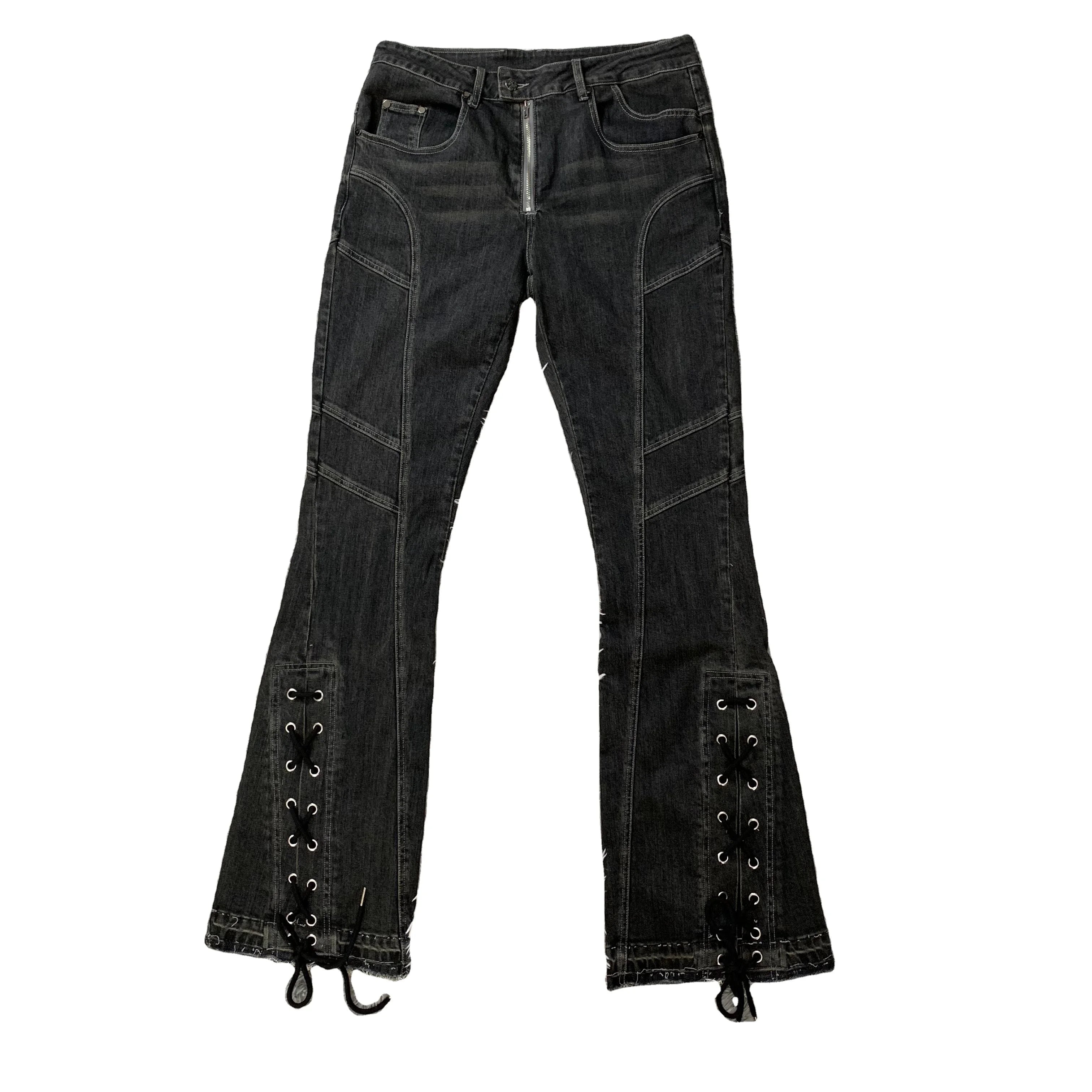 DENIMGUYS Customized Design Eyelet Drawstring European America Street Style Fashion Y2k Men Distressed Flared Jeans