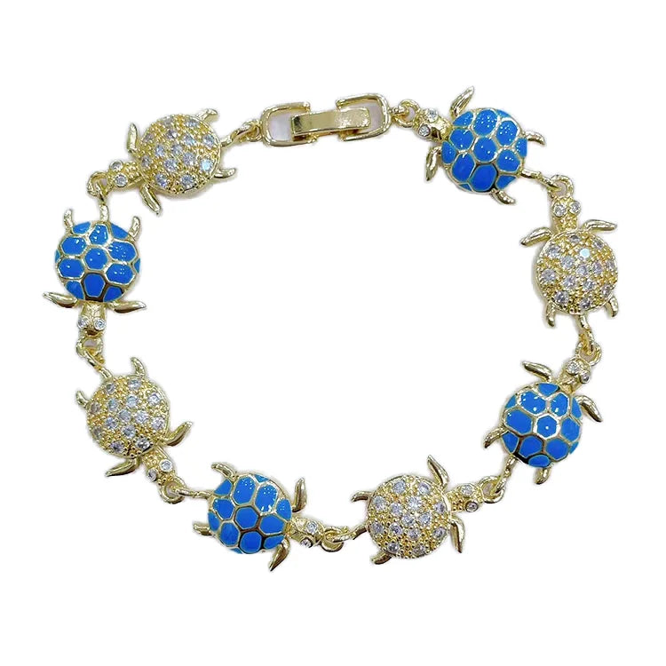 BC1570  Chic Cute 18K Gold Plated CZ Pave Enamel Red Blue White Turtle Link Chain Bracelets for Girls Ladies Women's Jewelry