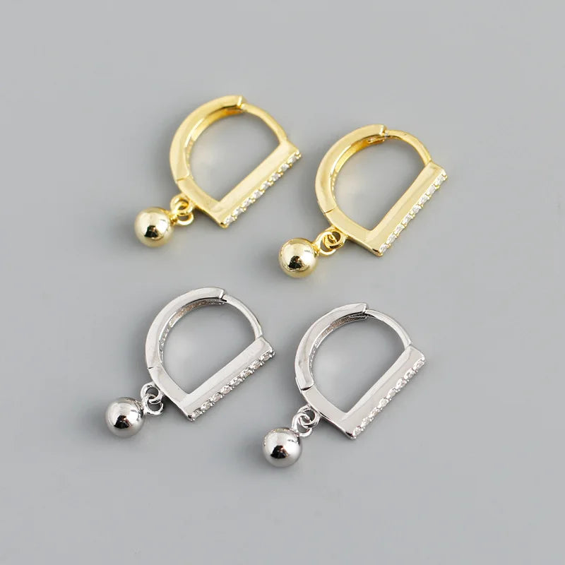 Zircon Pave Earrings D Letter 925 Silver Ear Buckle with Bead Gold Plated Pendant Hoop Earrings for Women