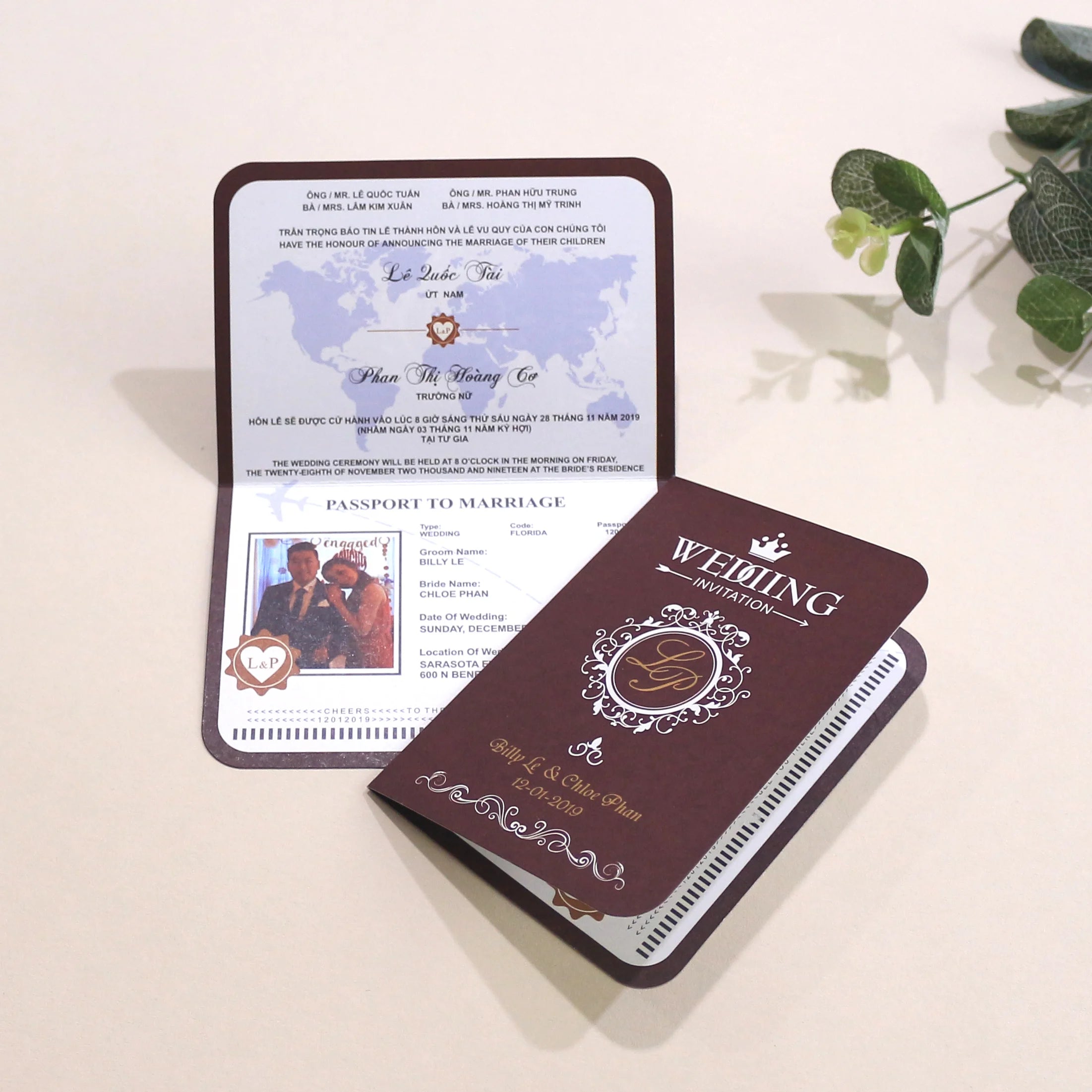 Custom Popular Dark Red Passport Wedding Invitation Travel Themed With Color Printing  Boarding Pass for Wedding Event Party