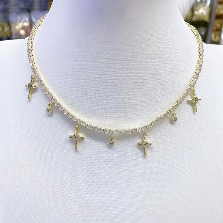 NZ1232 18k Gold Plated Brass CZ Diamond Micro Pave Evil Eyes Star Heart Cross Dangle Charms Pendant Chocker Necklace