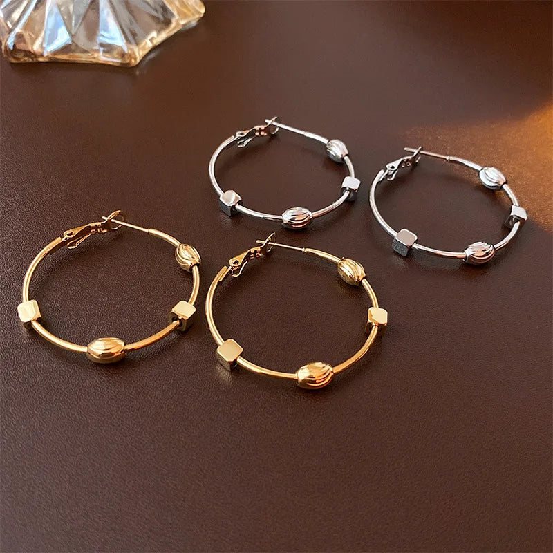 Minimalist S925 Silver Needle Earrings Square Oval Beads Hoop Earrings Stainless Steel Beads Earrings