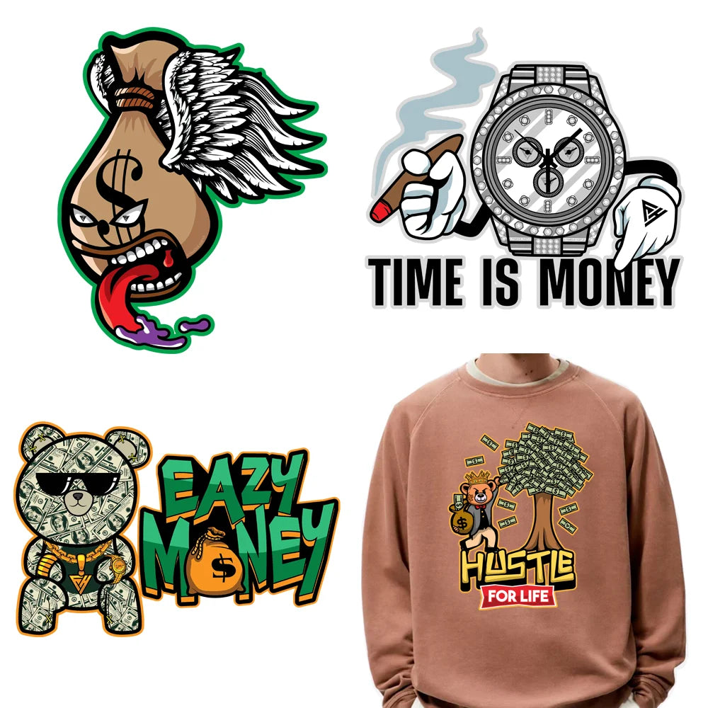 Low MOQ Various Design Washable Eazy Money Famous Hustle Bear Heat Transfer Cute Bear Male Female Plastisol Stickers for T-shirt