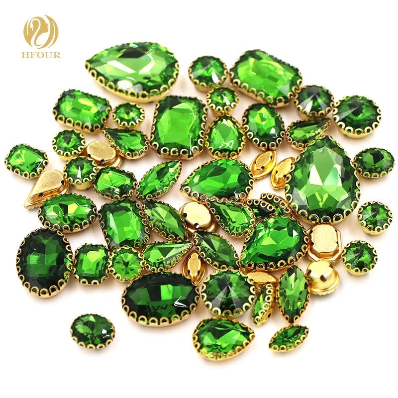 HFOUR Wholesale Mixed Shape 3D Glass Crystal Rhinestones Grass Green Lace Claw Sew-On Technique Loose Jewelry Making 16 Facets