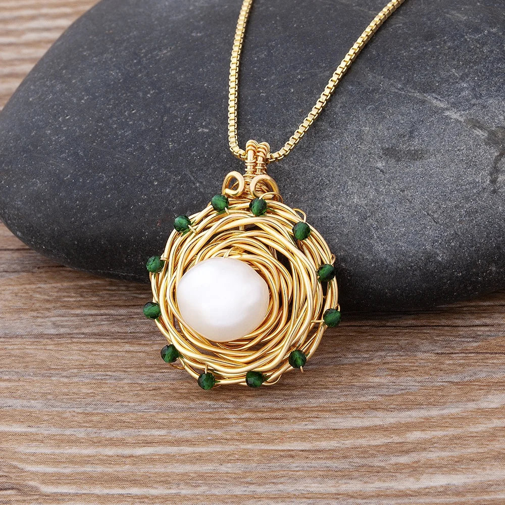 QIKU New Original Design Bird Nest / Bird Egg Pendant Charm Collar Link Chain Copper Necklace Women Classic Vintage Gift Jewelry