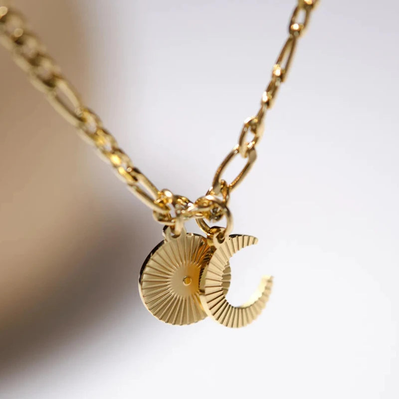 MICCI Wholesale Custom Women's 18K Gold Plated Stainless Steel Jewelry Coin Medallion Moon and Sun Shine Pendant Necklace