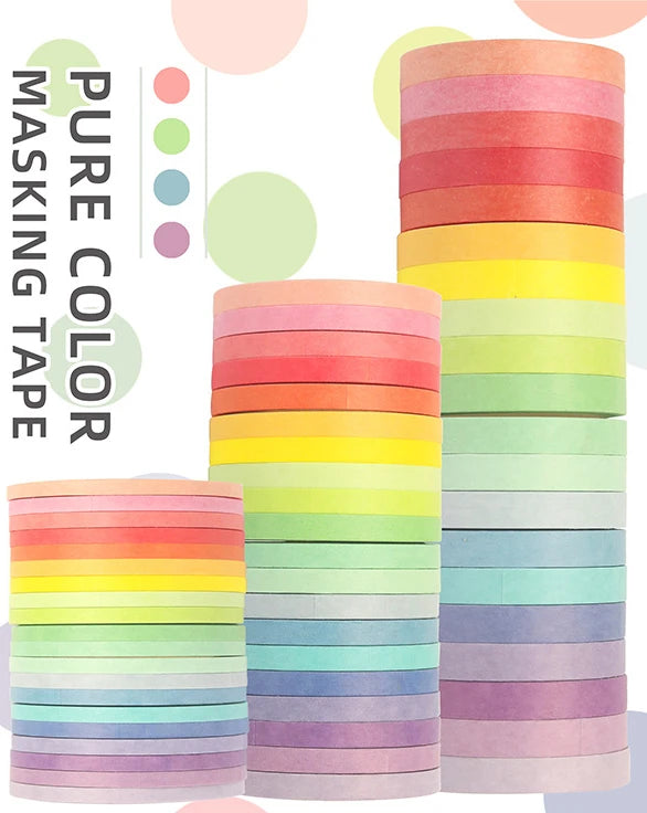 Solid Rainbow Candy Color Creative Thin Strip Washi Tape 20 Water Activated Rubber Adhesive Colors for Masking