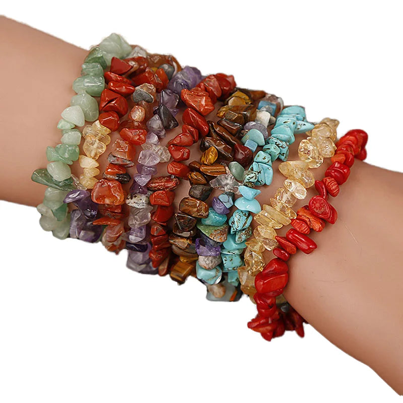 HOVANCI Gold Plated 7 Chakra Bracelets Colorful Natural Stone Beads Hot Selling Stretch Healing Chipped Gravel for Gift