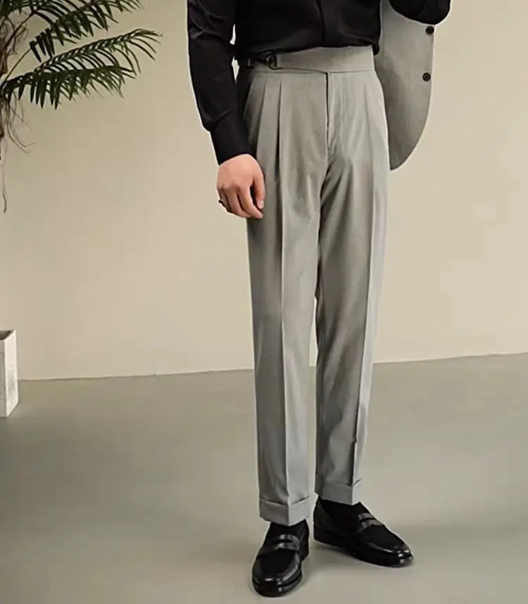 Vintage High Waist Double Pleated Worsted Fabric Garment Dyed Men's Suit Pants Large Size Custom Business Leisure Plus Size