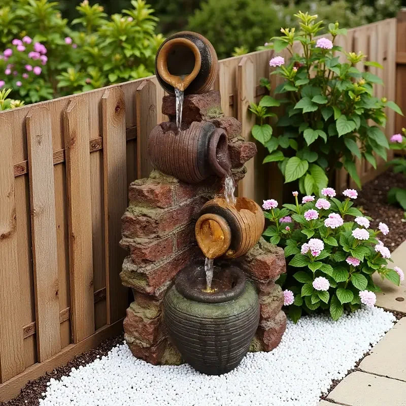 Hot Sale 4-Tier Pottery Stack Resin Hand-painted Model Fountain LED Light Multi-Color Textured Jars Design Indoor Water
