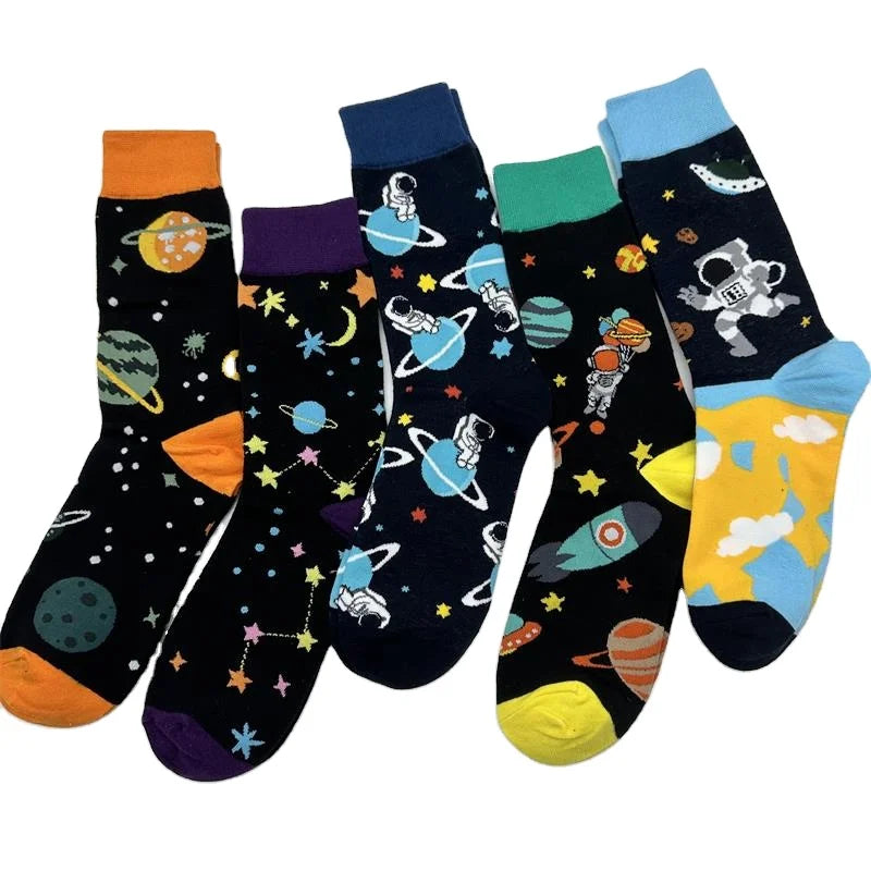 Wholesale 100% Cotton Fashion Designer Men Socks Fancy Universe Astronaut Planet Rocket Spacecraft for Cute Unisex Socks