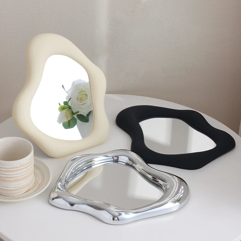 Fashionable Irregular Shape Hot-selling Cream Style Desktop Makeup Mirror Table Cosmetic Mirror With Metal Hook