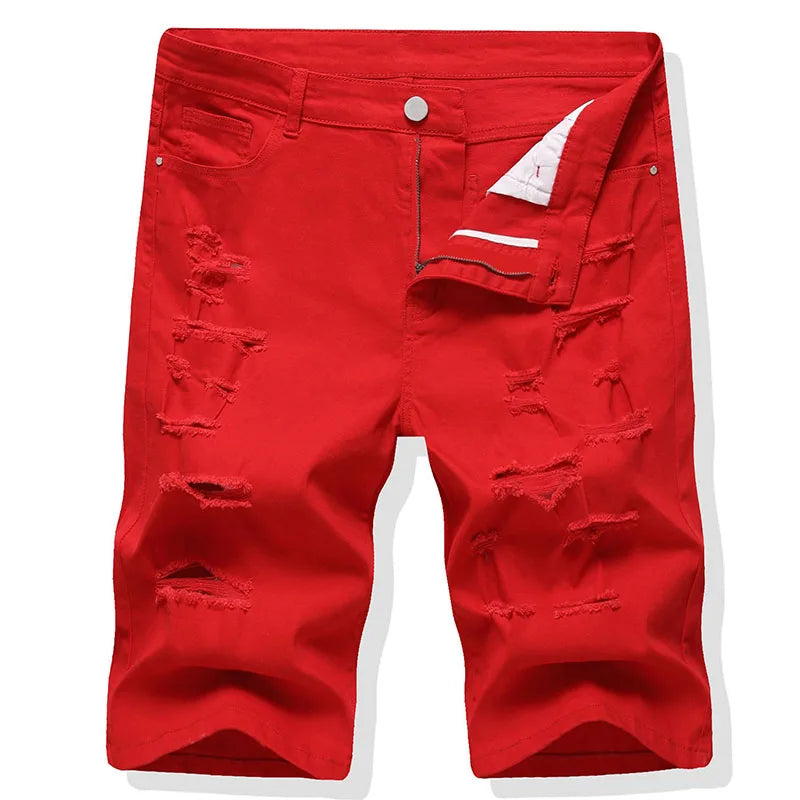 RNSHANGER Men Summer Denim Shorts Holes Ripped Cotton Jeans Y2K Pure Color Knee Length Slim Straight Stretch Jean Shorts