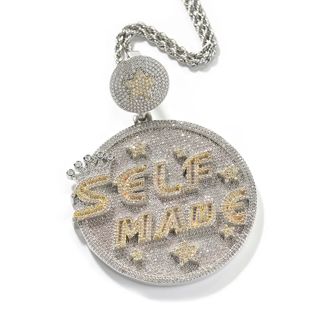 European American Hip Hop Men's Fashion Large Disc Pendant Necklace Selfmade Letter Full Diamonds Zircon Trendy Personality Gift