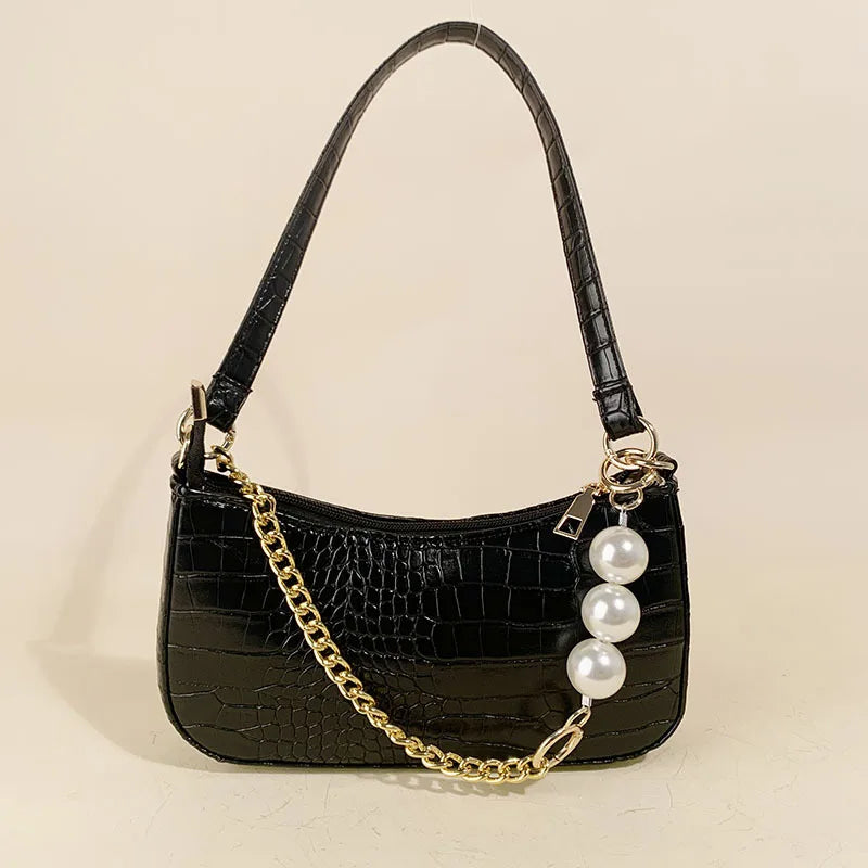 2023 Summer Fashion Women's Candy Multicolor PU Leather Underarm Hobo Shoulder Bag with Chains Pearl Two Straps Zipper Closure