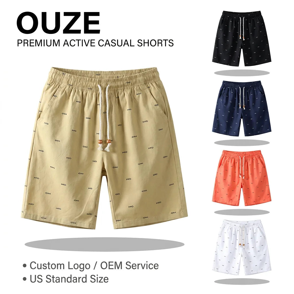100% Cotton Board Shorts Print Plus Size Men's Casual Summer Beach ODM Custom Logo Breathable Eco-Friendly Elastic Waist