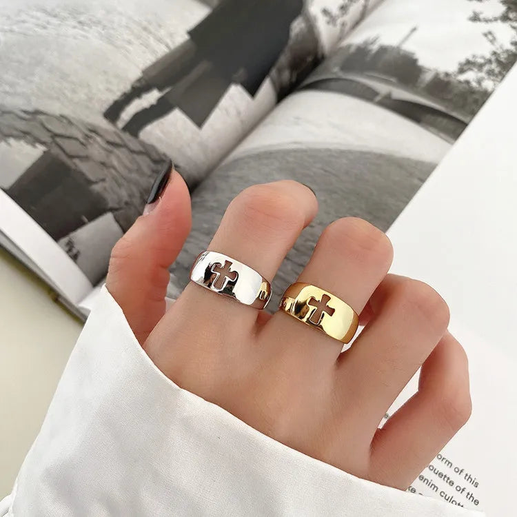 Religious 18K Gold Filled 925 Sterling Silver Hollow Cross Open Ring