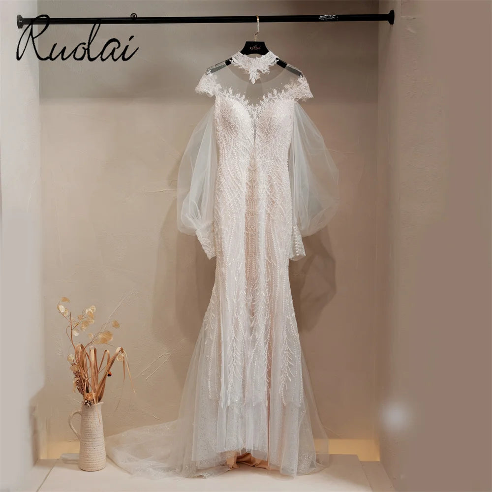 Ruolai QW02057 Mermaid Detachable Long Sleeves Beaded Lace Wedding Bridal Dress Gown With Pearls
