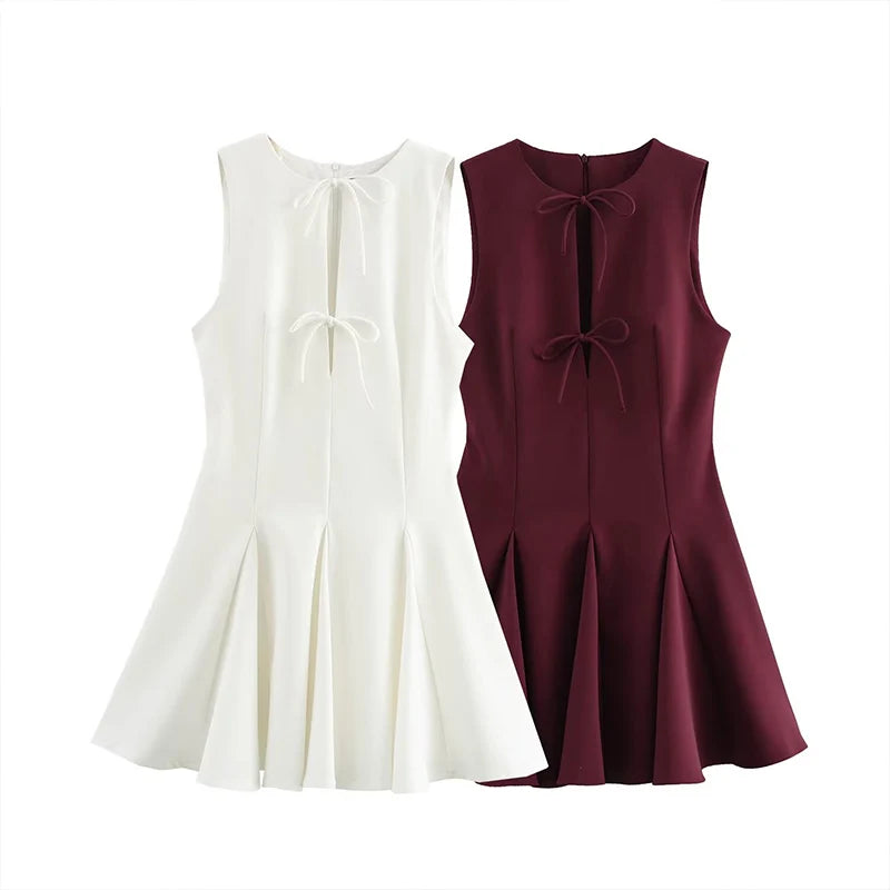 ZATRHMBM Spring and Autumn Women's Wear 2025 New Fashion Wide Swing Bowknot Dress Retro Round Neck Sleeveless Women's Mini Dress