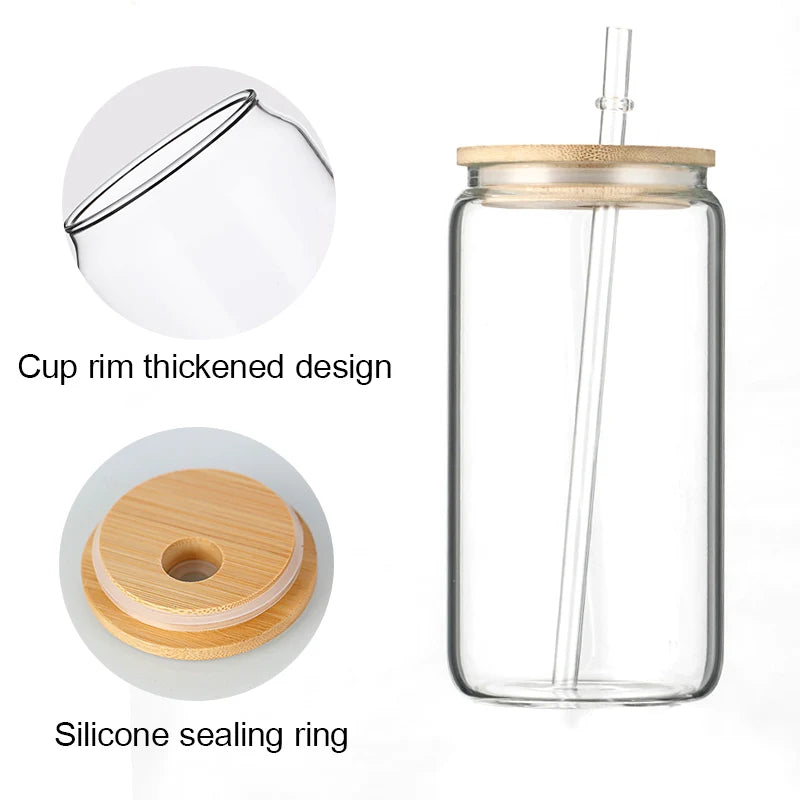 Customized Large Capacity Glass Mugs Drinking Coffee Glasses Cups clear Frost Bamboo Lid and Straw 16 oz Borosilicate Glass Cup