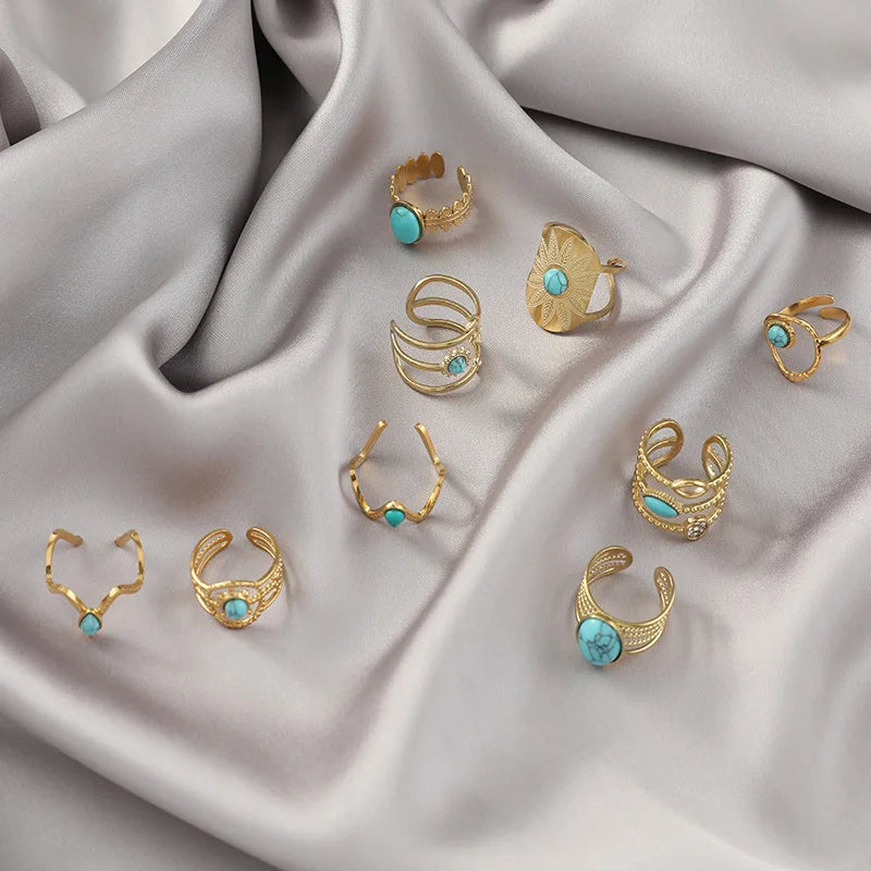 Open Cuff Adjustable Gold Color Stainless Steel Big Gemstone Boho Turquoise Jewelry Ring Dome Rings Women Trendy Ring Jewelry