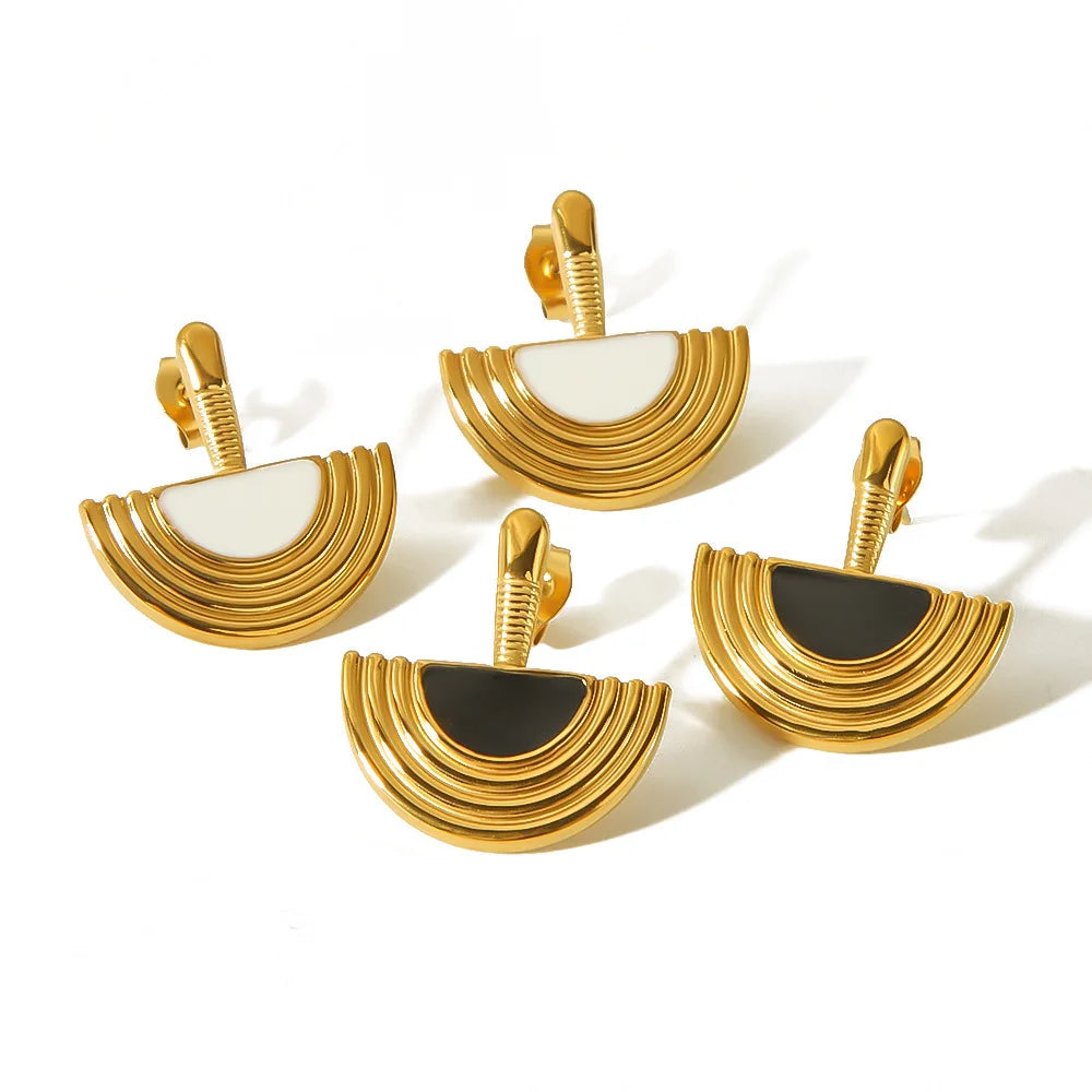 YF3805 Stainless Steel Waterproof Jewelry Set 18k Gold Plated Half Disk Oil Dropping Earrings Gold Fan Necklace
