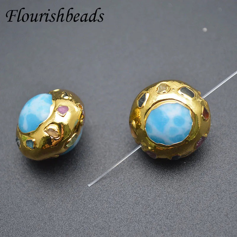 Fashion 18k Gold Plated Multi Color Synthesis Larimar 22*17mm Round Shape Loose Beads for Jewelry Making
