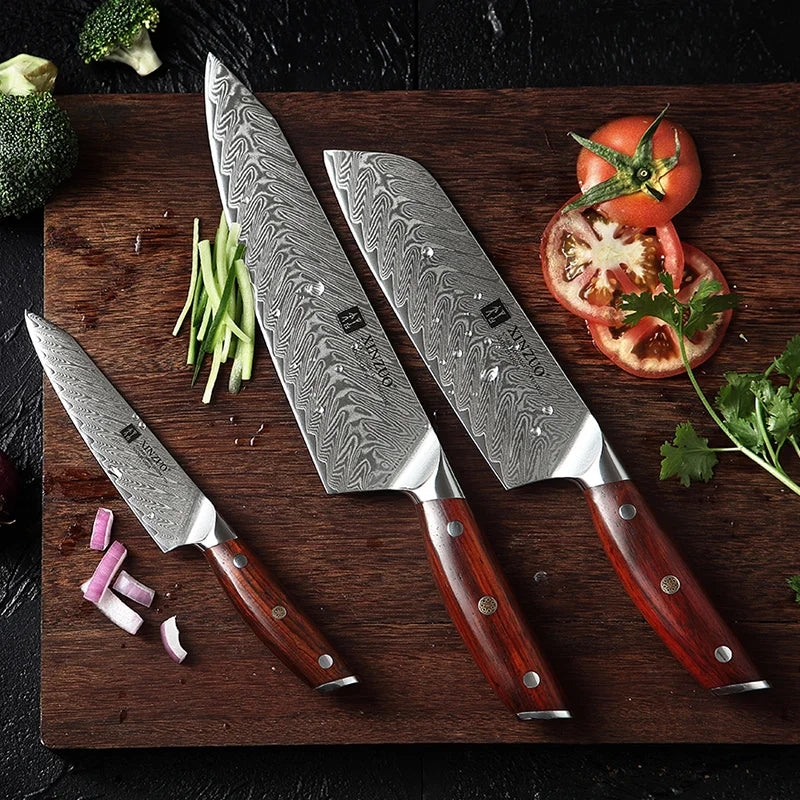 3PCS Professional Damascus Steel Kitchen Chef Knives Set Sharp Edge
