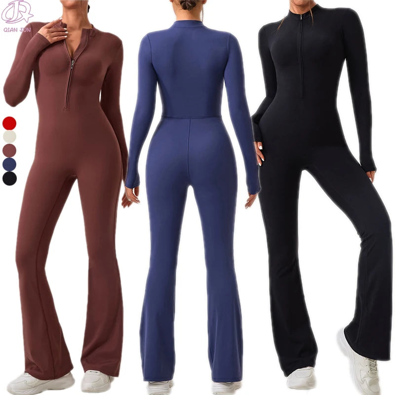 Hot Selling Women's Sports Bodysuit & Jumpsuit Solid Pattern One Piece Workout Gear With Zipper Active Wear