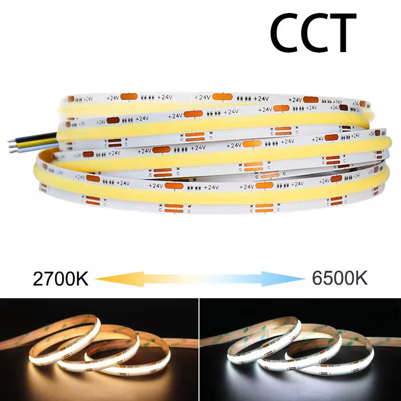 12V 24V CCT Led Strip Light COB 2700K-6500K 576Leds 4mm 10mm LED Tape Dual White Flexible Energy Saving LED String Lights