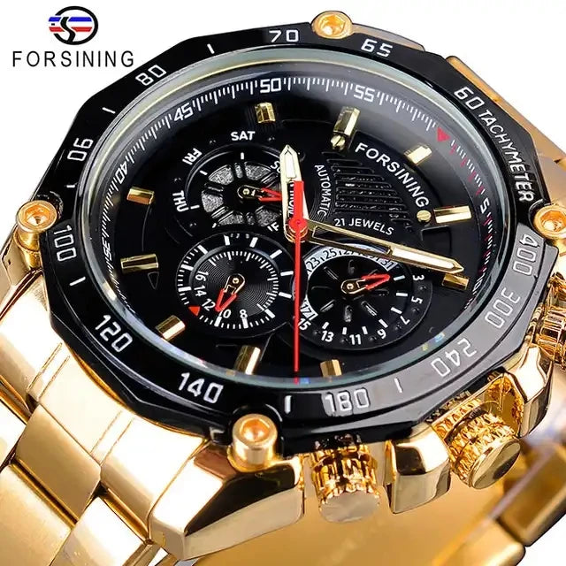 Forsining New Stainless Steel Three Dial Design Mens Racing Sport Automatic Wrist Watches Top New Luxury  Mechanical Watches