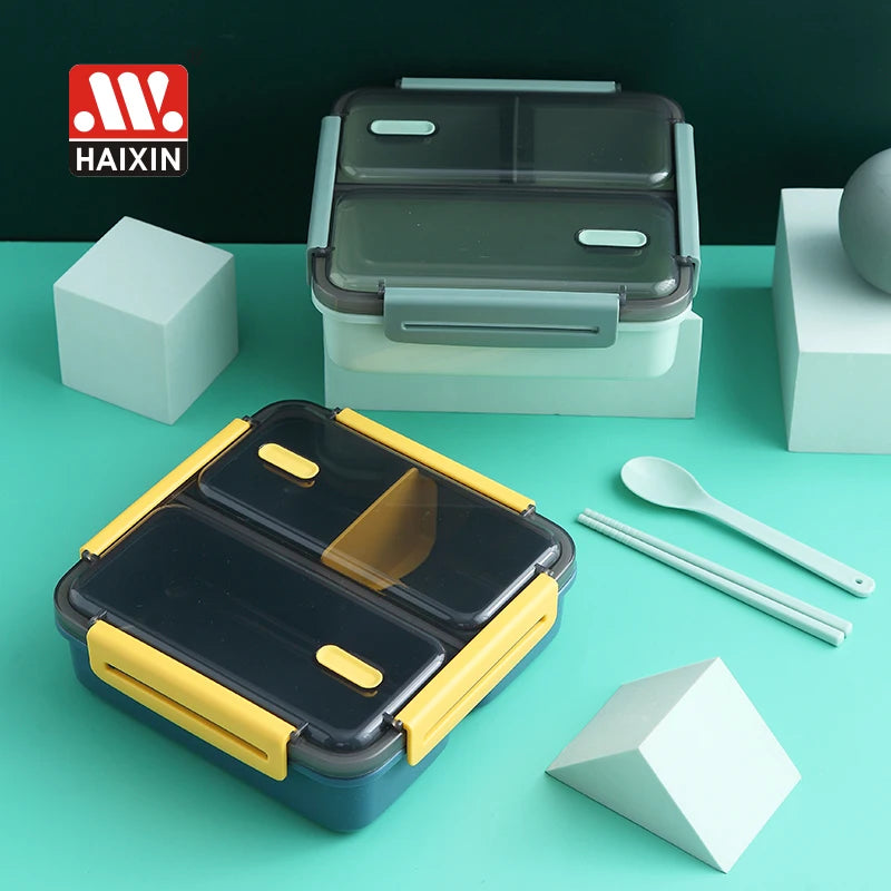 Haixin BPA Free 1100ml Plastic Divider Airtight Food Container  Kitchen Loncheras Tiffin Bento Lunch Box  W/chopsticks and Spoon