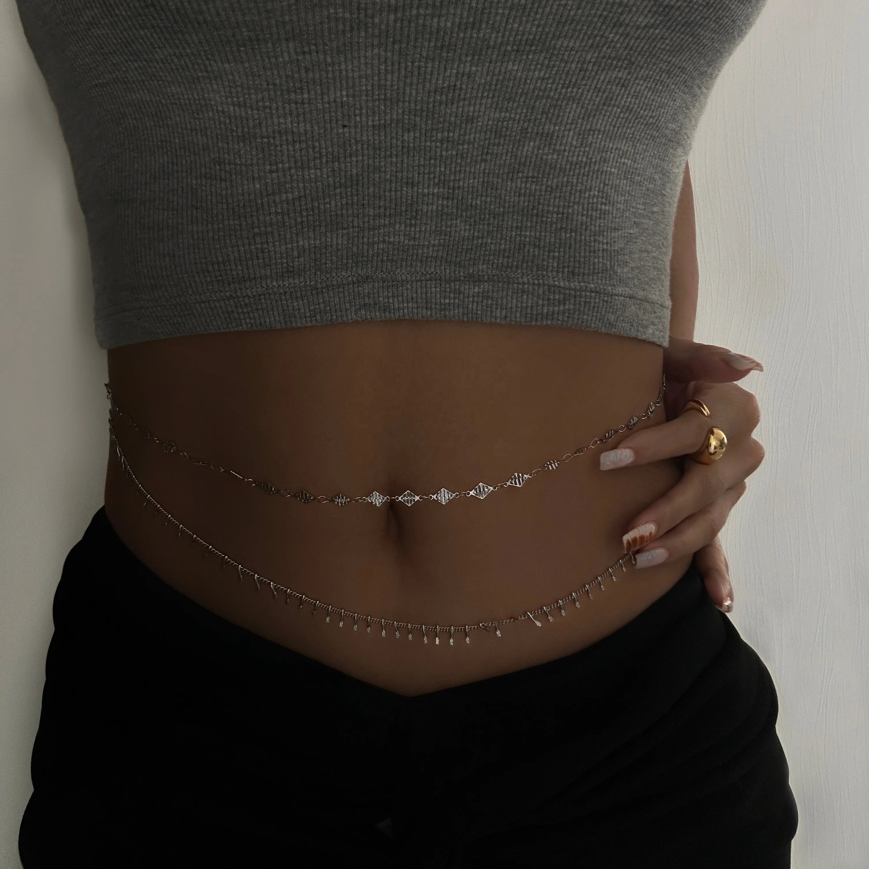 2024 Dazan Summer New 18k Pvd Gold Plated Stainless Steel Summer Hawaiian UniqueDiamond Shaped Wave Piece Body Chain for Women