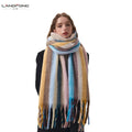 Landfond Accessory Winter Warm Rainbow Striped Scarf Coarse Striped Fringe Soft Large Scarf