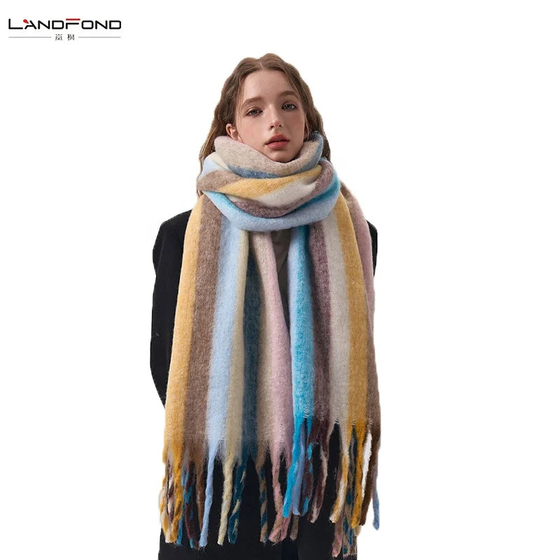 Landfond Accessory Winter Warm Rainbow Striped Scarf Coarse Striped Fringe Soft Large Scarf