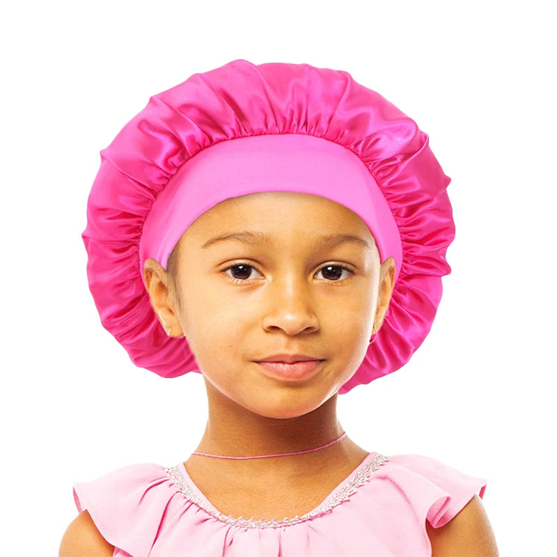 Wholesale Customized Cute Child Size 1-6 Years Comfortable Solid Color Bonnets Wide Band Turbans Silk Satin Bonnet for Kids