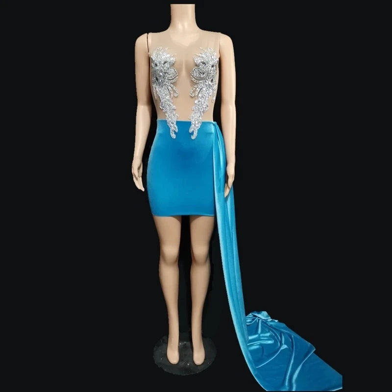 OEM LOGO Women Night Rhinestone Sleeveless Short Dress Blue Tassel Sexy Wear Party Dresses Evening Dress