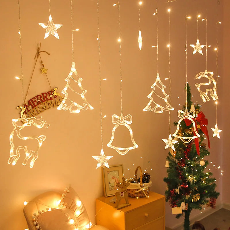 Hot Sale Twinkle Stars and Deer Bells Christmas Tree String Lights Christmas Window Curtain Room Decorations for Partys