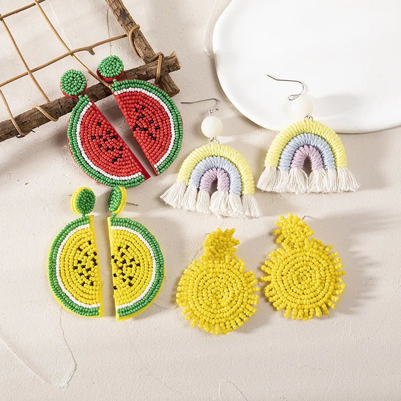 HOVANCI Fashion Handwoven Beaded Rice Bead Earring Boho Watermelon Seed Rice Bead Drop Earrings for Women