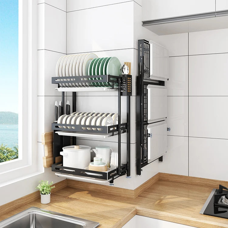 Kitchen Wall Organizer Storage Shelf Foldable Metal Dish Rack 3 Tier Drain Tray Knife Cutting Board Stand Chopstick Cage Black