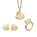 S925  Sterling Silver with Gold Plating Nephrite Rabbit Charm Women Necklace Bracelet Earring and Ring Jewelry Set