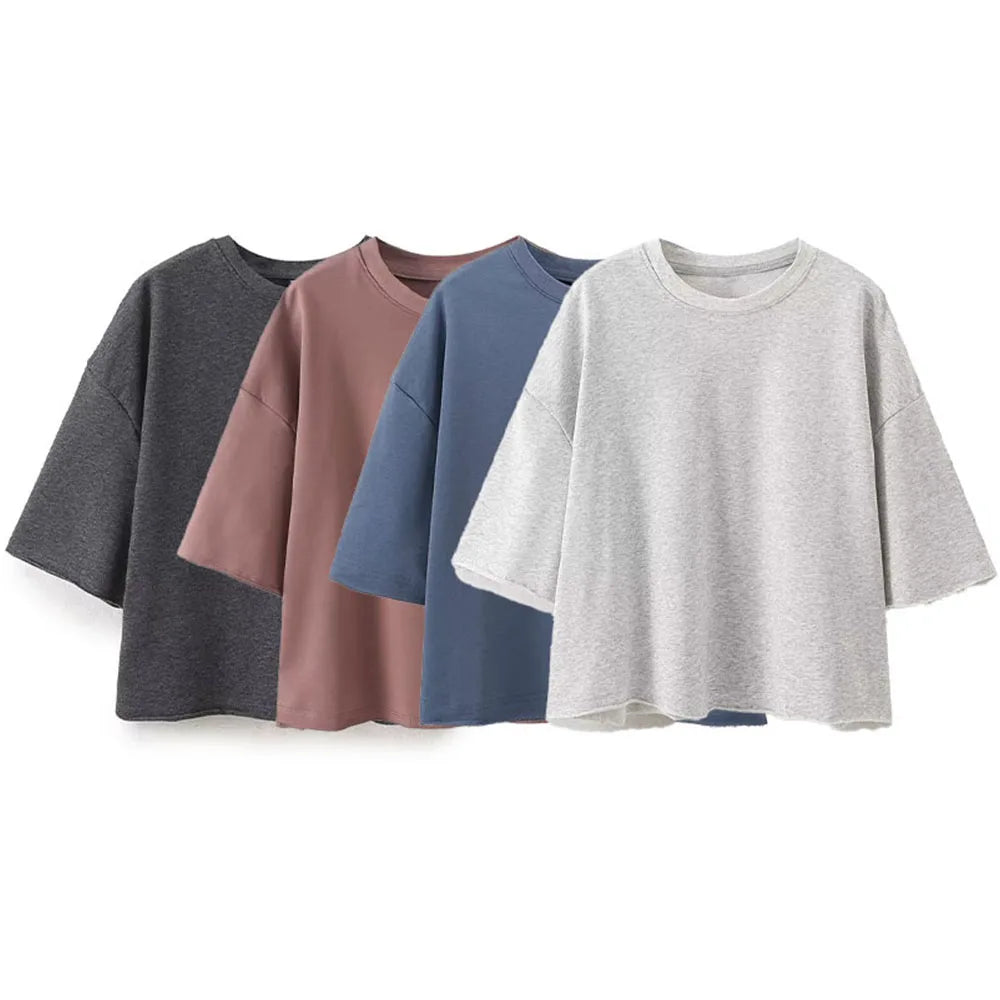 ZATRHMBM 2024 Summer New Fashion Multicolor Loose Sports Sweatshirt for Women Vintage Short Sleeve Casual Long Neck 3D Pattern
