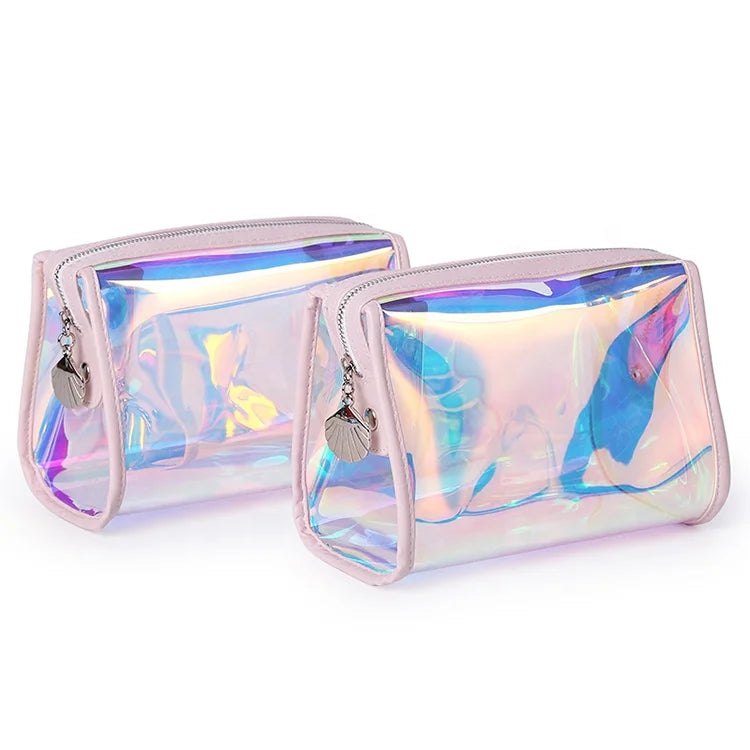 Qetesh Cosmetic Bags Waterproof Pink Laser Holographic Clear Beauty Make up PVC Organizer Women's Makeup Cosmetic Bag