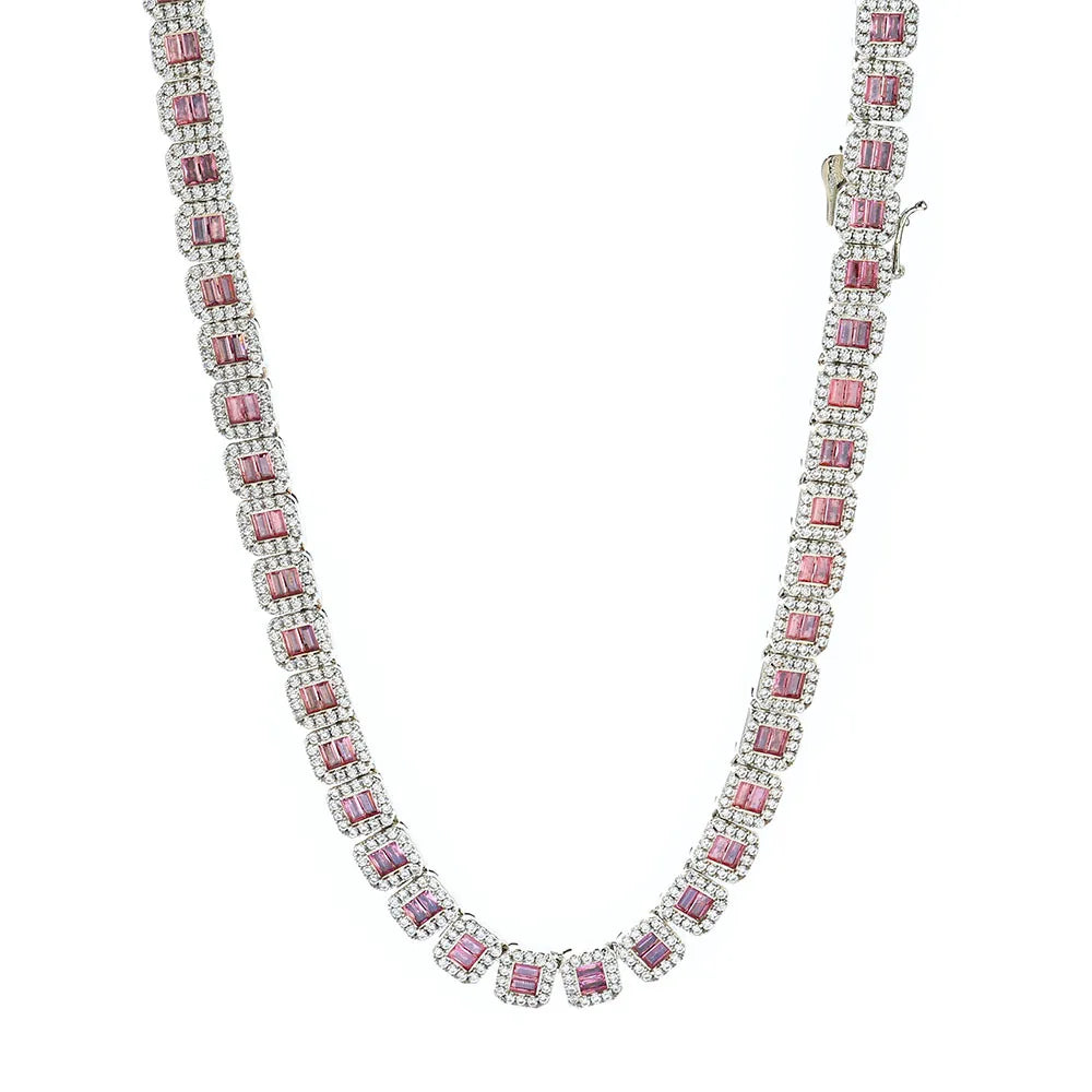 Hip Hop 8mm Square Pink Zircon Gold/Platinum Plated Tennis Chain Necklace for Men Party Gift
