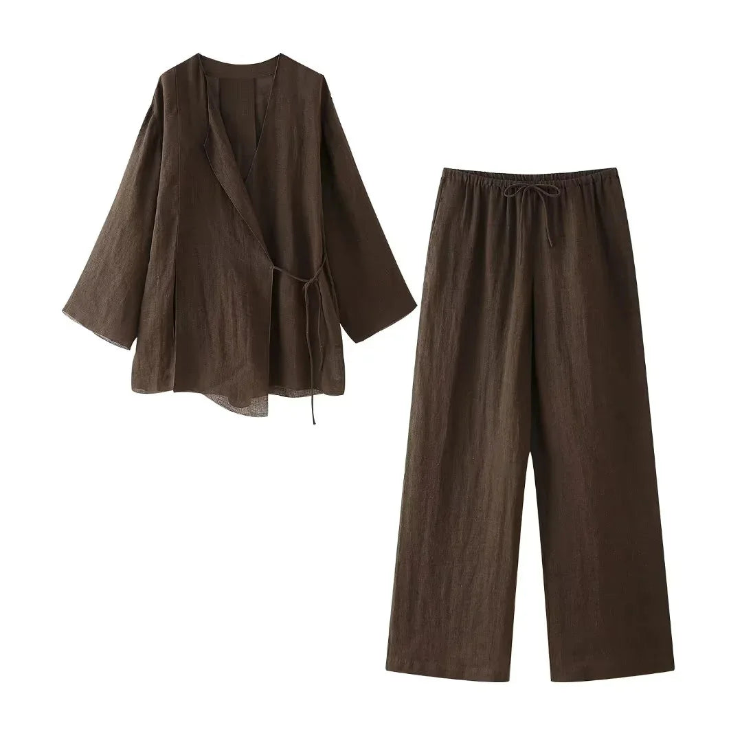 Wholesale 2024 Linen Pant Suit for Women Loose Belt Top Shirt Wide Leg Pants Women's Two-Pieces Set